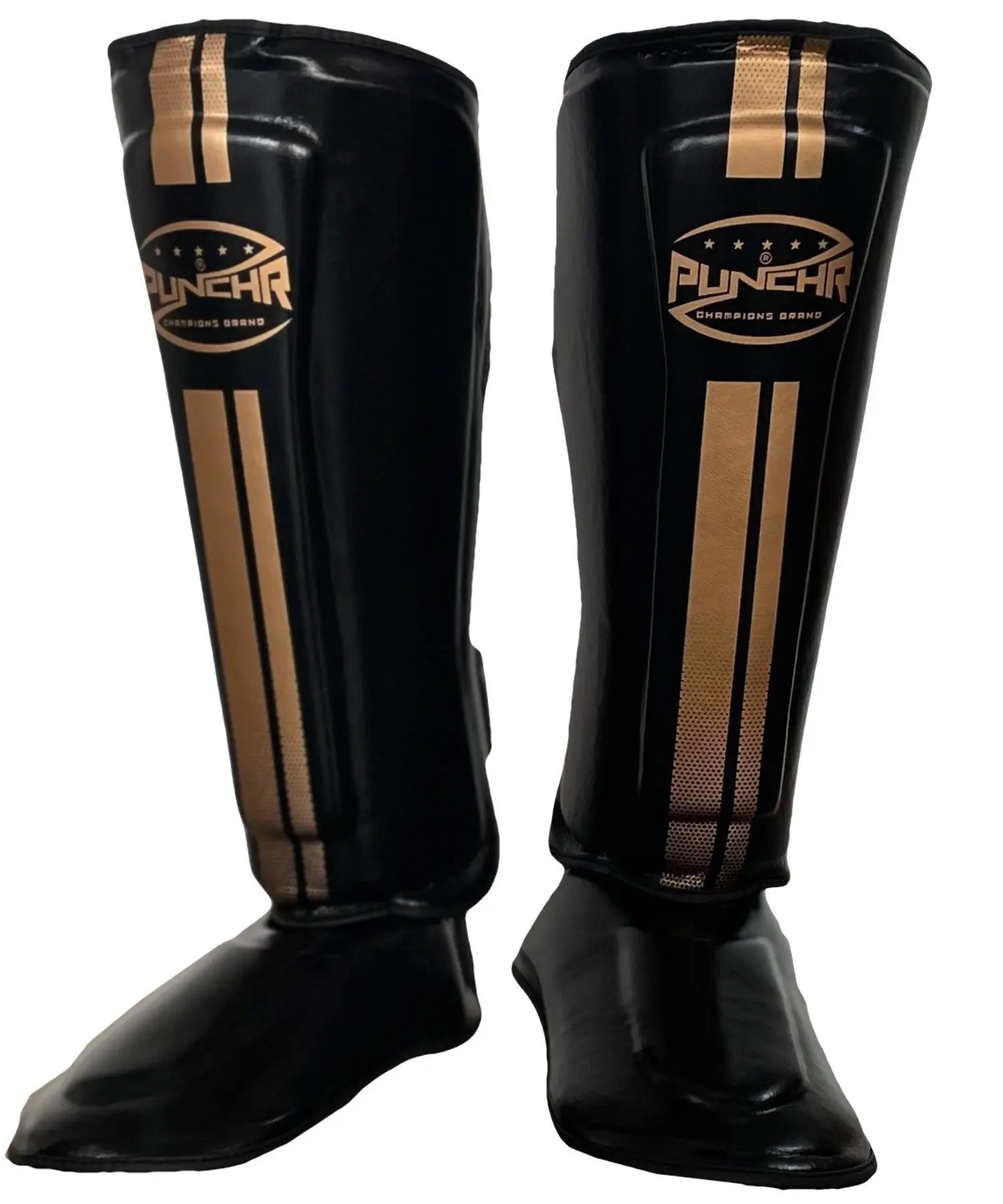 PunchR™ Electric Muay Thai Kickboks Scheenbeschermers Zwart Goud Microfiber